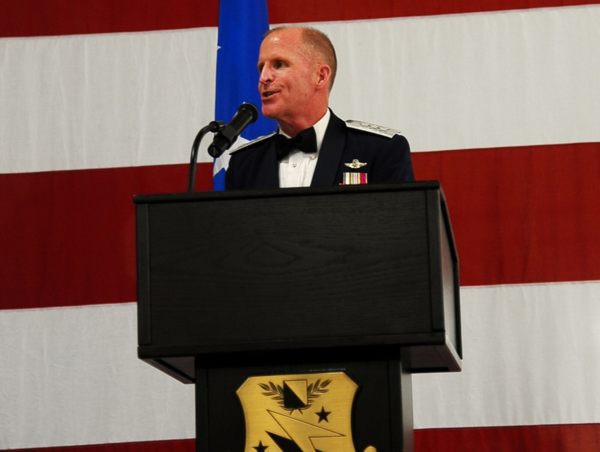 Lt. Gen. Stephen Wilson, Air Force Global Strike Command Commander, speaks during the Air Force Ball Sept. 5 at the Mallory Hangar on Columbus Air Force Base. The ball took place during Heritage Week, which also celebrated the 14th Flying Training Wing’s Specialized Undergraduate Pilot Training Class 14-14 graduation and included a wing commander’s reunion. (U.S. Air Force photo/Airman Daniel Lile)