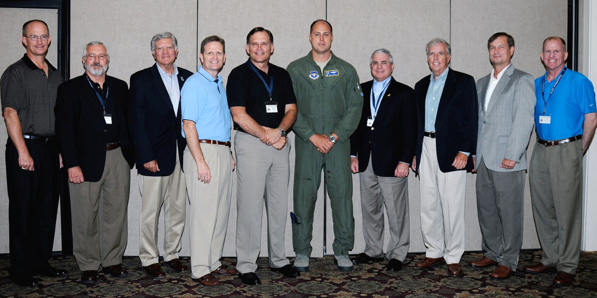 Seven former wing commanders and two former vice commanders returned to Columbus Air Force Base Sept. 4-6 to help celebrate Class 14-14’s unique graduation.  In attendance were retired Col. Dave Gerber, retired Col. Sandy Sandwick, retired Col. Nick Ardillo, Col. Jefferson Dunn, retired Maj.Gen. Jack Catton, current 14th Flying Training Wing commander Col. John Nichols, retired Col. Tom Quelly, retired Gen. Doc Foglesong, retired Maj. Gen. Stephen Schmidt and Lt. Gen. Stephen Wilson. (U.S. Air Force Photo/Elizabeth Owens)