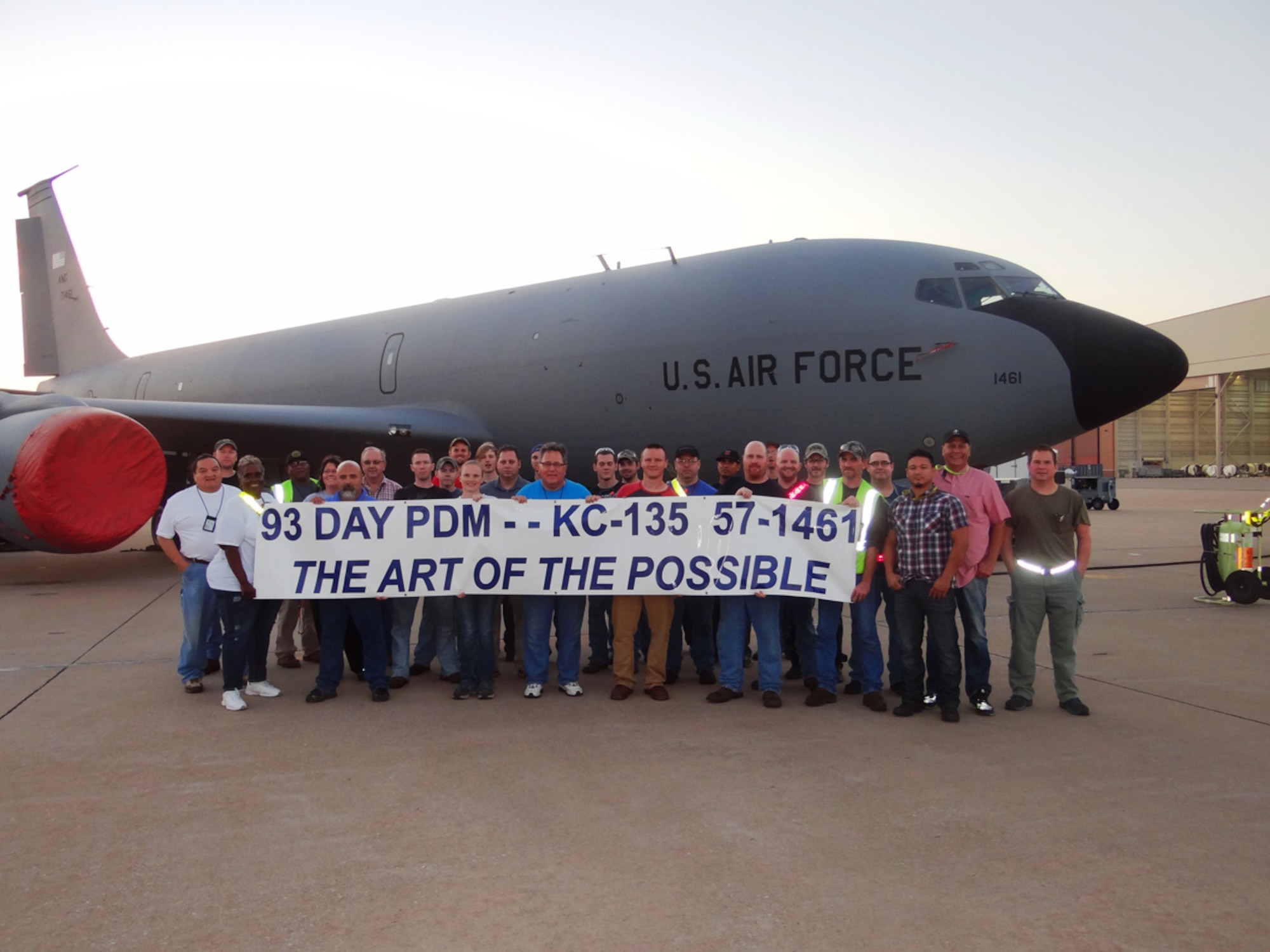 The Oklahoma City Air Logistics Complex had a huge reason to celebrate on Monday.  Members of the complex completed Programmed Depot Maintenance on a KC-135 Stratotanker in a record-breaking 93 days.  The record was previously 94 days, but even a one-day improvement is a cost savings and gives the aircraft back to the customer sooner.