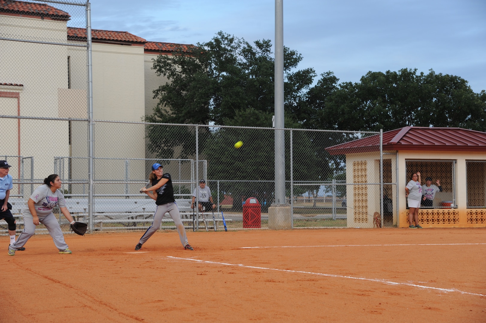 Staff Sgt. Lyndsay Moen, Air Force softball team player, bats during a scrimmage Sept. 5 at the Joint Base San Antonio-Randolph soft ball field. The scrimmage was in preparation for a tournament Monday at Fort Sill, Okla., against teams from the Army, Navy and Marine Corps. (U.S. Air Force photo by Airman 1st Class Stormy Archer)