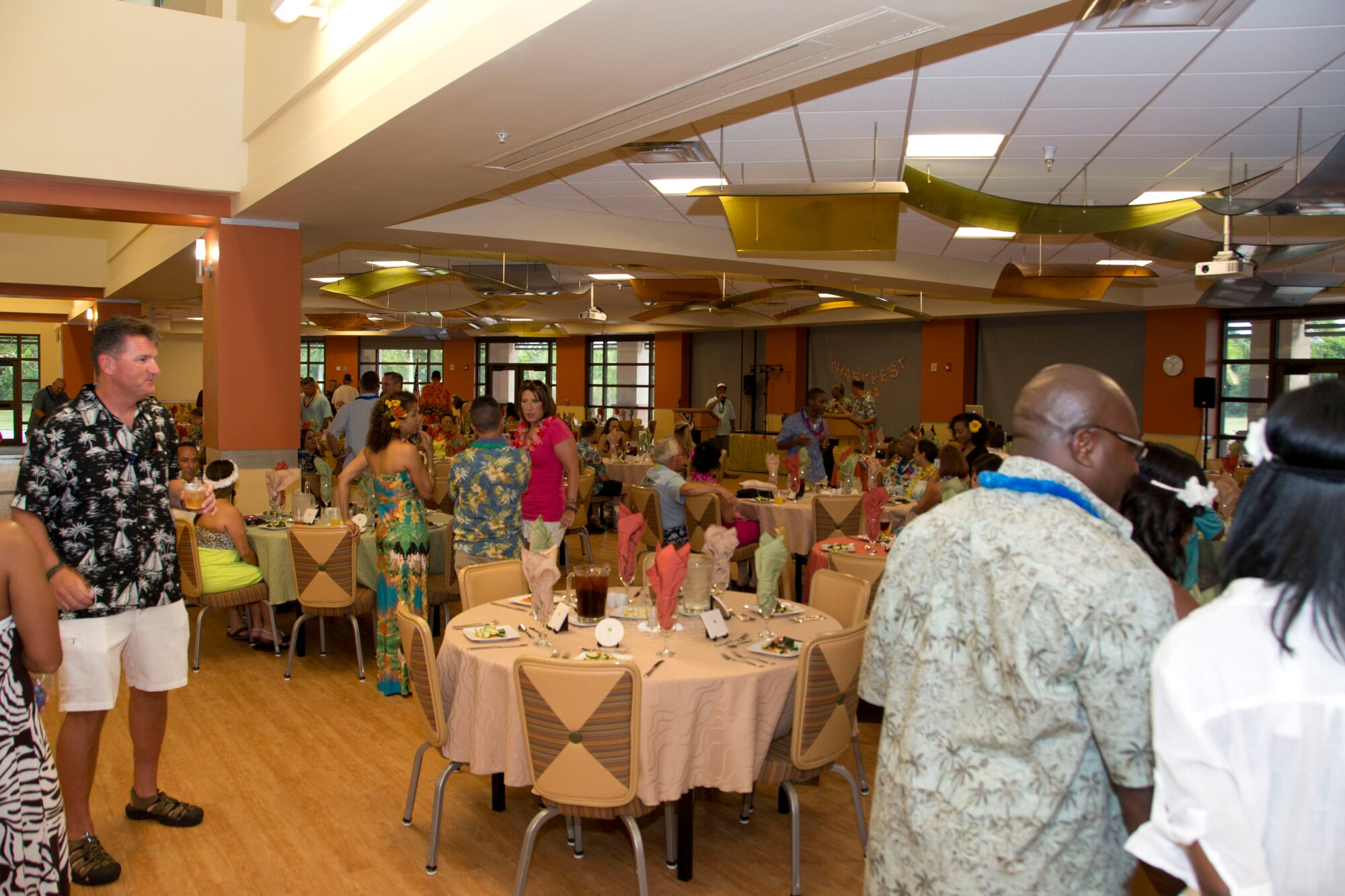 Members of Homestead Air Reserve Base's 482nd Fighter Wing, 482nd Maintenance Group, and Det 2, 20th Operations Group gathered for a Luau themed Sharkfest 2014 at the Community Activity Center here 6 Sept. Sharkfest is an awards banquet where maintenance personnel from the base are recognized and honored for exceptional and outstanding performance throughout the previous year, as well as a chance for everyone in the squadron to relax at an evening social. (U.S. Air Force photo by Senior Airman Nicholas Caceres)