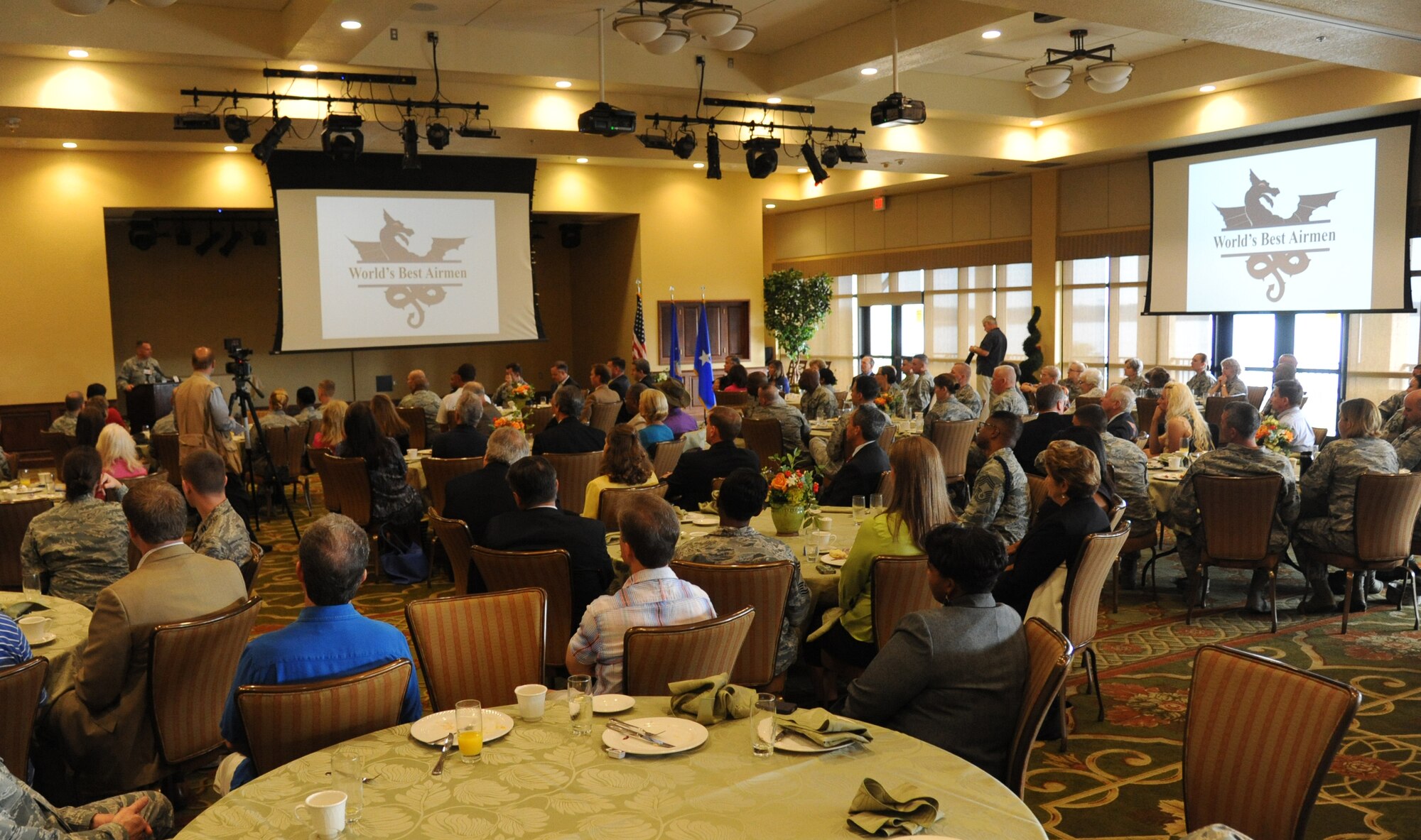 Brig. Gen. Patrick Higby, 81st Training Wing commander, speaks to attendees during the Biloxi Chamber of Commerce Morning Call Sept. 10, 2014, hosted by Keesler Air Force Base, Miss., at the Bay Breeze Event Center. (U.S. Air Force photo by Kemberly Groue)