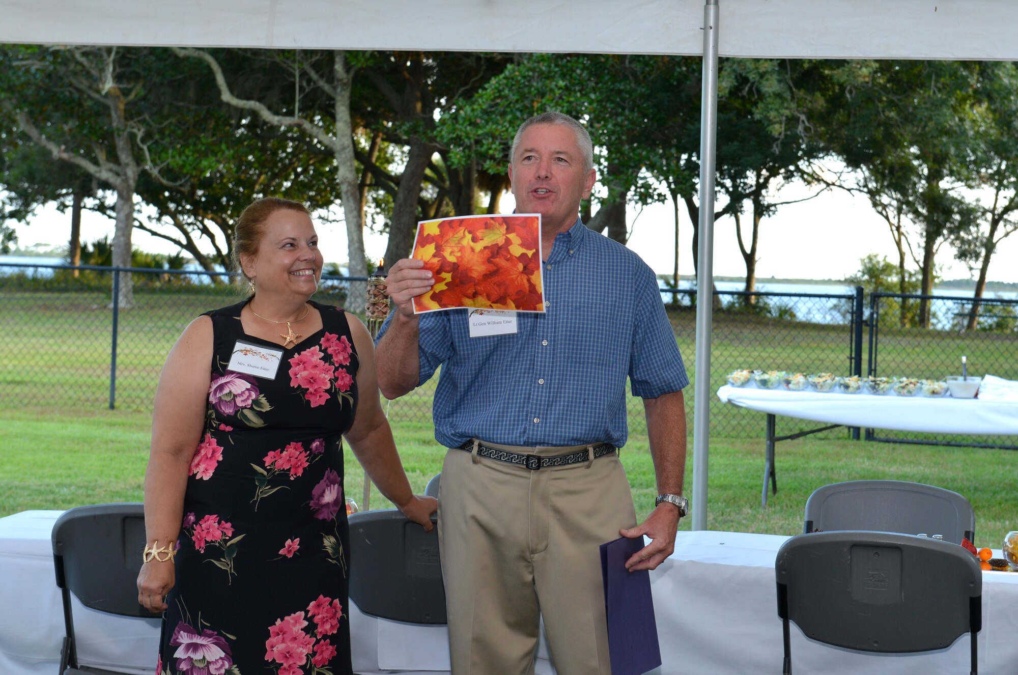 9/9/2014 – TYNDALL AIR FORCE BASE, Fla. – Lt. Gen. William Etter, commander, Continental U.S. North American Aerospace Defense Command Region - 1st Air Force (Air Forces Northern), and his wife, Sheree, held a Fall Festival at their base residence Tuesday welcoming local civic leaders along with leaders from the 325th FW and AFNORTH for good food and conversation. The Etters brought fall foliage to the party with the help of their color printer. (U.S. Photo by Master Sgt. Kurt Skoglund/Released)


