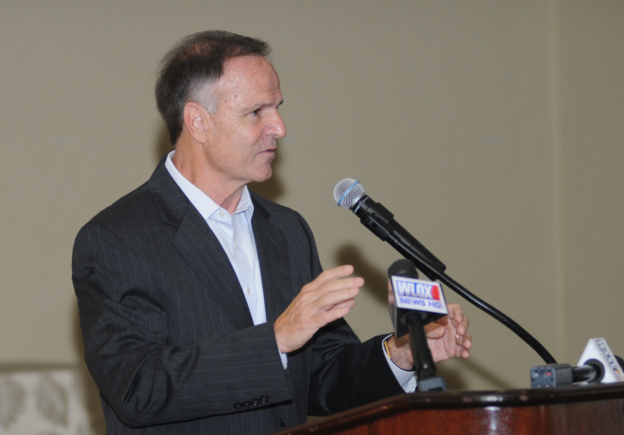 John Goff, Keesler Federal Credit Union president and CEO, speaks to attendees during the Biloxi Chamber of Commerce Morning Call at the Bay Breeze Event Center Sept. 10, 2014, hosted by Keesler Air Force Base, Miss.  (U.S. Air Force photo by Kemberly Groue)