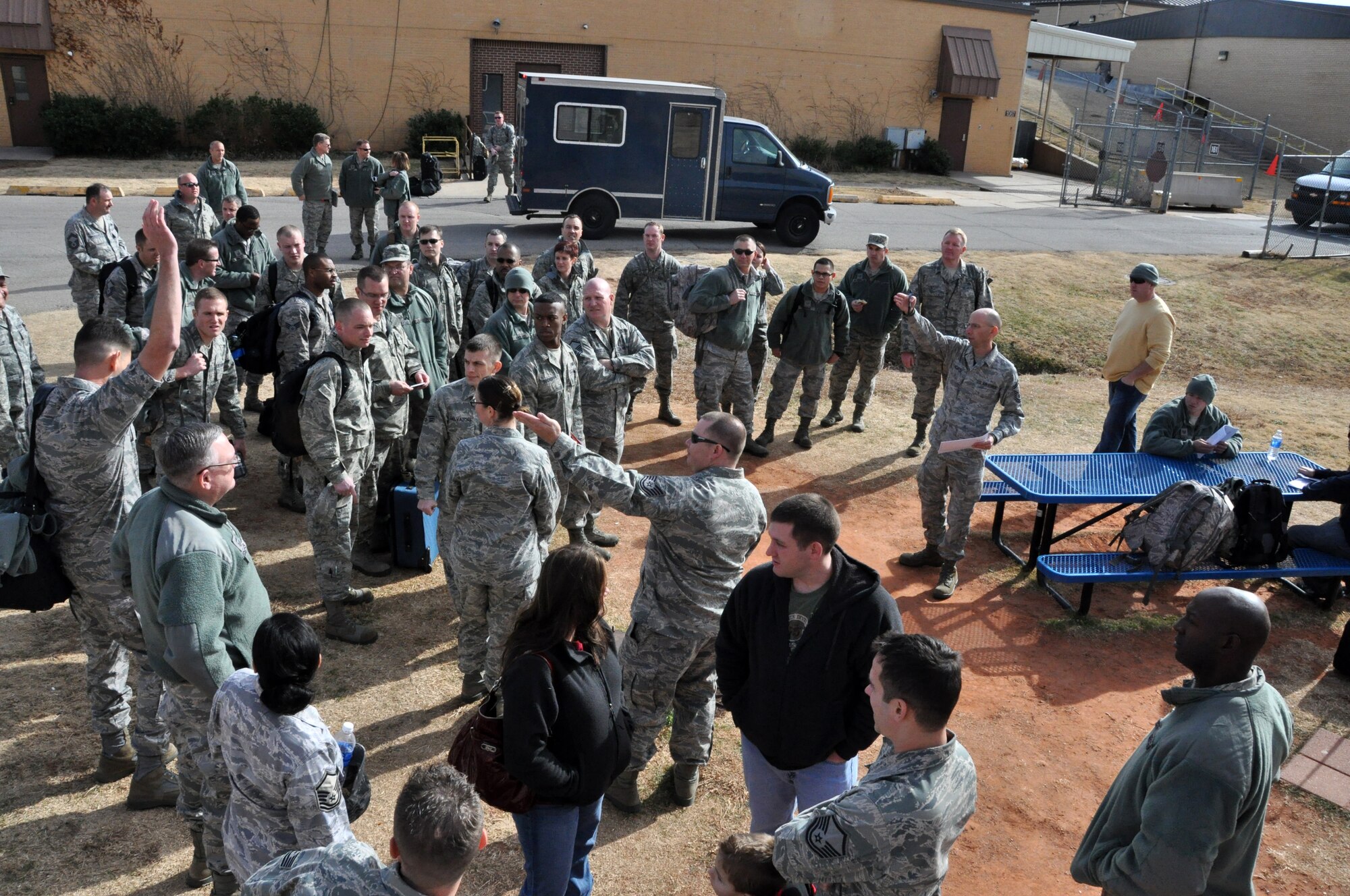 Senior Master Sgt. Jamie Horn, 507th Logistic Readiness Squadron conducts a roll call before deployment processing here Jan. 5. Horn’s deployment team began spin up for this deployment nearly 7 months ago. The 507th LRS team successfully supported the deployment of over 130 reservists to the U.S. Central Command area of responsibility early this month. (U.S. Air Force photo by Senior Airman Mark Hybers)