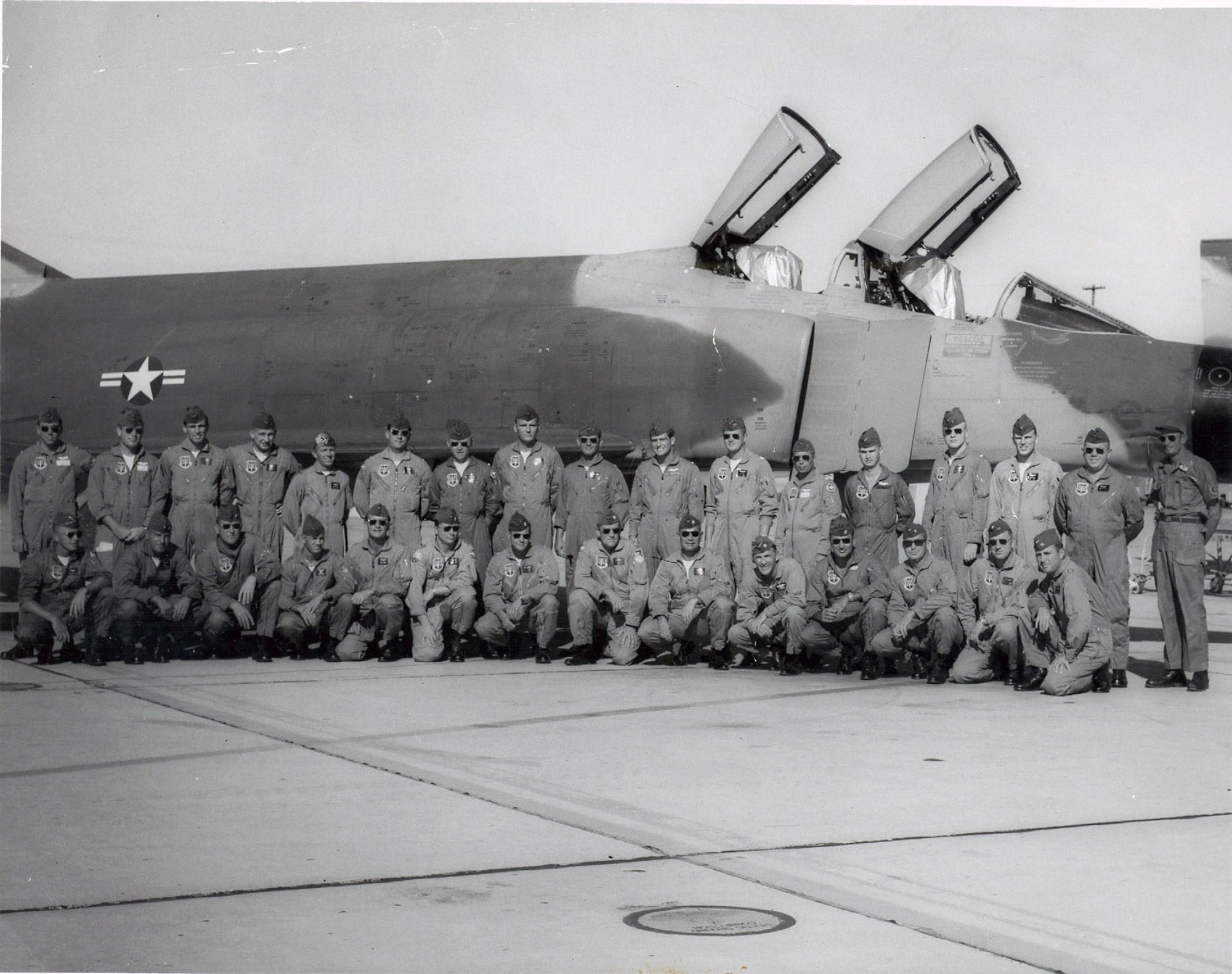 Pictured on the bottom row, eighth in from left, Air Force Lt. Col. Kelly Cook takes a group photo circa 1966 with other F-4C fighter pilots while at combat crew training in Arizona before deploying to DaNang,  Vietnam. Cook served as the 366th Tactical Fighter Wing assistant director of operations until a Nov. 10, 1967 mission, when his F-4C was shot down over North Vietnam. He was declared missing in action the next day. (Submitted photo)