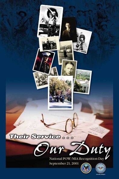 A 2001 Prisoner of War Missing in Action Recognition Day poster displays a mid-1950s era photo of then Capt. Kelly Cook (top right, holding helmet). Cook, the father of 512th Airlift Wing Commander Col. Raymond A. Kozak’s wife Maureen, was a fighter pilot, who was declared missing in action in 1967. Another family member had recognized the photo used on the poster from having seen it over the years in the Kozaks’ home and then informed the Kozaks of the poster in circulation. (Department of Defense graphic)