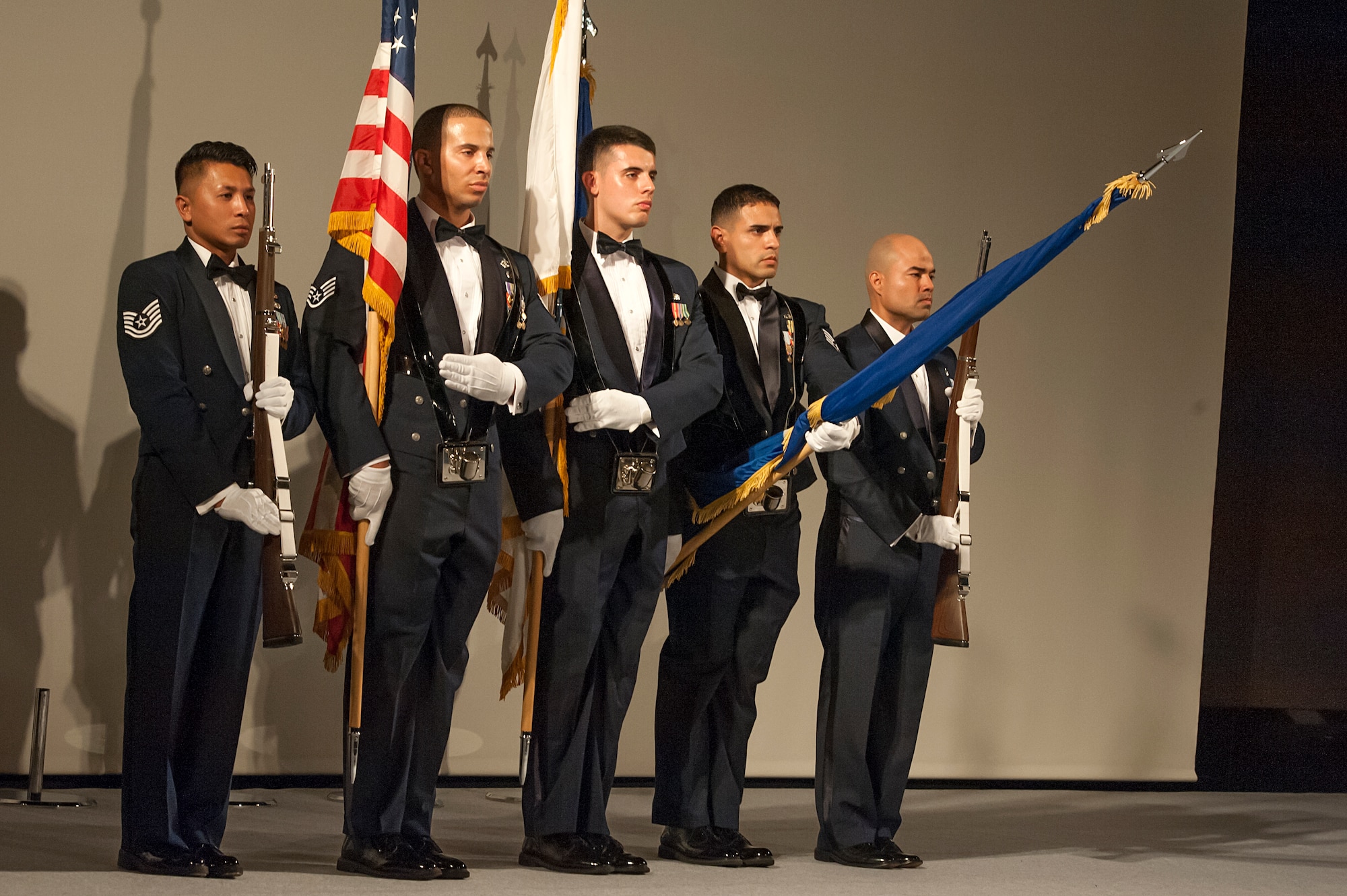 The Osan Air Base Honor Guard performs the Presentation of the Colors during the 67th Air Force Ball in Seoul, Republic of Korea, Sept. 13, 2014. The Air Force Ball is a celebration of the U.S. Air Force's birthday. (U.S. Air Force photo by Senior Airman Matthew Lancaster)