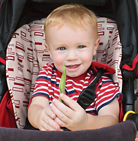 Bryce, a 1-year-old, holds a fresh green bean while shopping with his mom, Alycia Pfeffer, a Marine spouse, at the Quantico Farmers’ Market on Sept. 4, 2014 in the Marine Corps Exchange Parking Lot. 