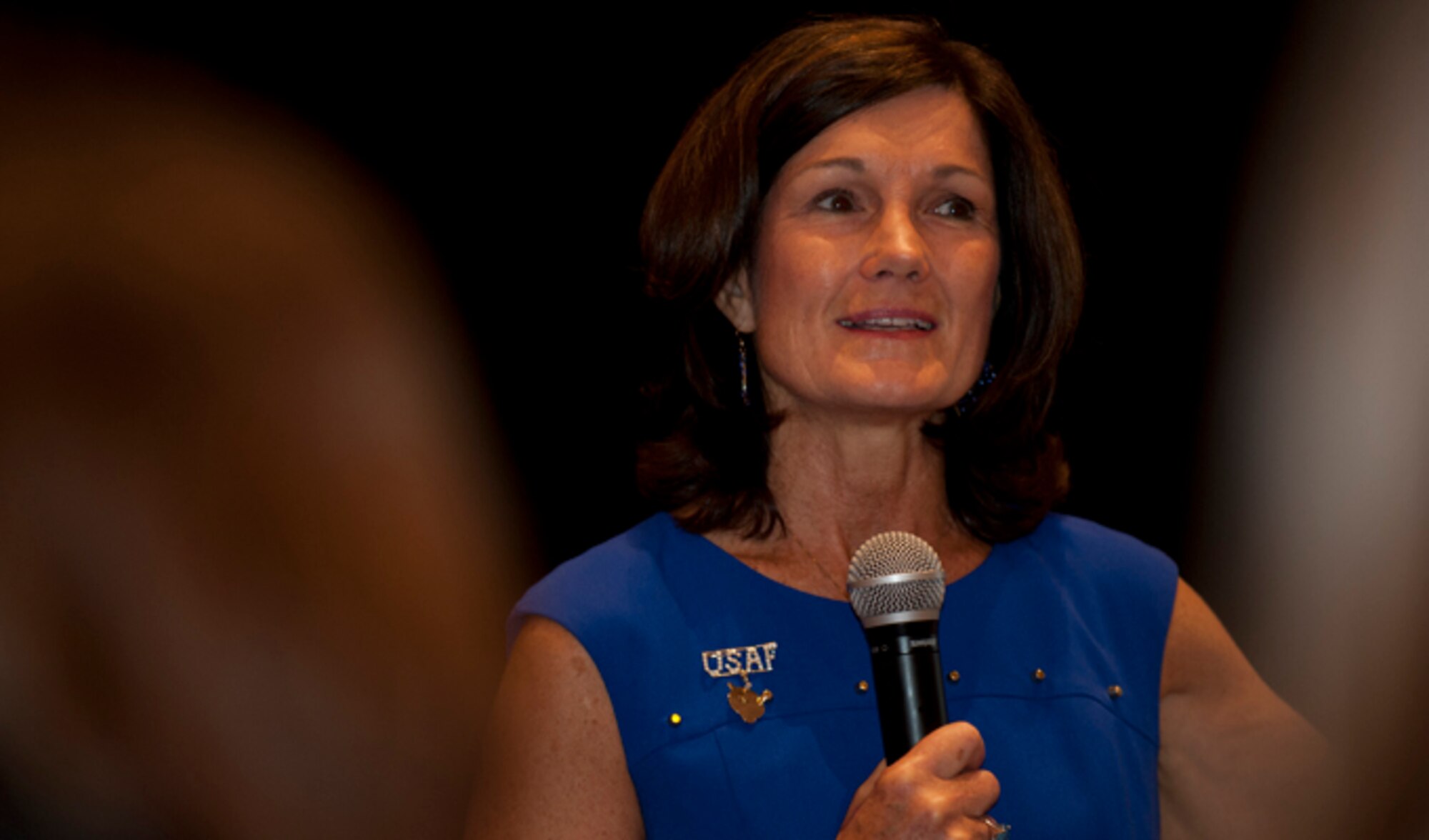 Betty Welsh, spouse of the Chief of Staff of the Air Force Gen. Mark A. Welsh III, makes remarks during the Air Force Spouse Perspective panel as part of the 2014 Spouse and Family Forum at the Air Force Association Air And Space Symposium, Sept. 15, 2014, in Washington, D.C. Welsh gave a glimpse into her family heritage of serving in the military and the remarkable Air Force spouses that she has met through her travels with her husband.(U.S. Air Force photo/Staff Sgt. Carlin Leslie)