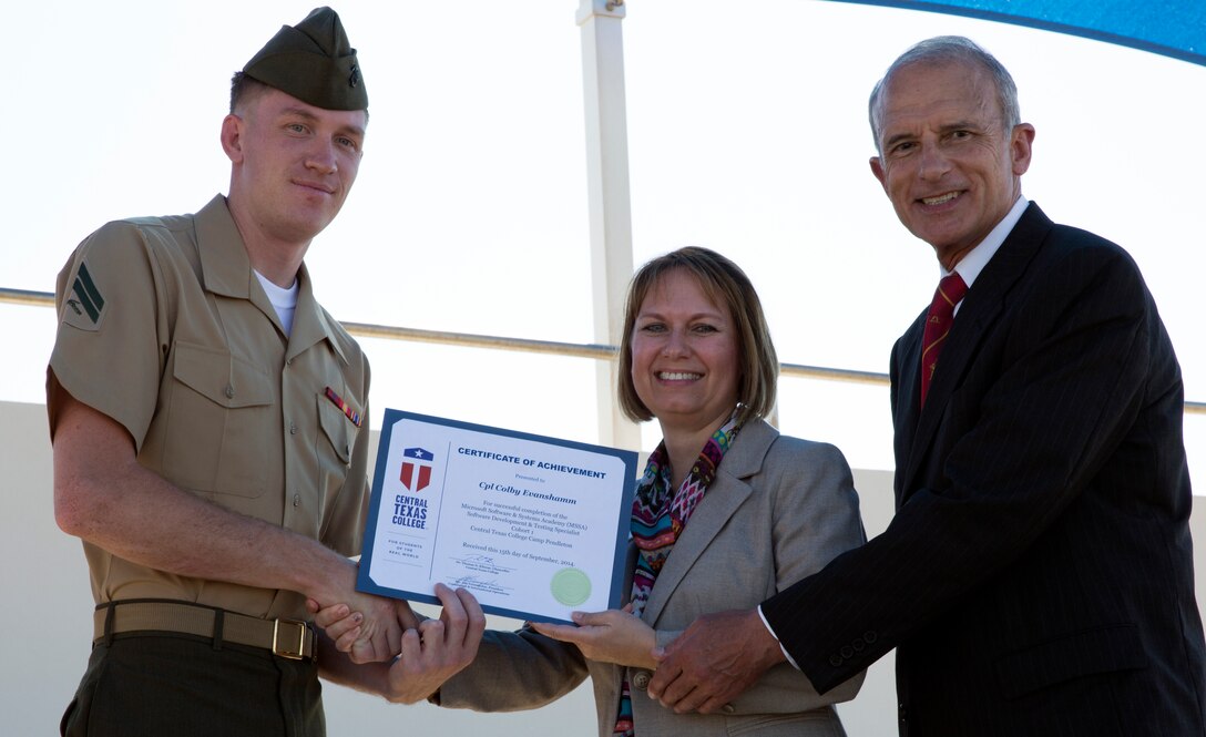 The Camp Pendleton Transition Readiness Program and the Microsoft Software & Systems Academy held a graduation today for Marines that passed the 16 week software programming course offered by Microsoft and Central Texas University. 

“When I heard about this course, I knew it was a great opportunity and it just made sense, since I’m transitioning out.” said Gunnery Sgt. Anthony Lashley, a graduate of the software programming course. “This course gives you a lot of the basic programming skills. It is very beneficial, especially for someone that has no background in IT, like I did.”

Any personnel that have a significant interest in software programming please contact (760) 725-6386 for more information.
