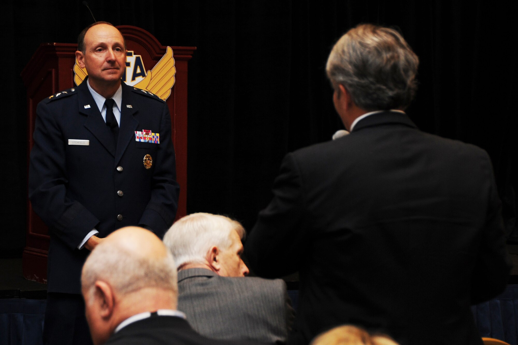 Lt. Gen. Bruce Litchfield takes a question from an audience member during the Air Force Association's 2014 Air and Space Conference Sept. 15, 2014 in Washington, D.C. As the Air Force Sustainment Center commander, he ensures the Center provides operational planning and execution of Air Force Supply Chain Management and Depot Maintenance for a wide range of aircraft, engines, missiles, and component items in support of Air Force Materiel Command missions. (U.S. Air Force photo/Staff Sgt. Matt Davis)