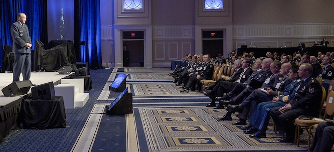 Gen. Phillip Breedlove informs the assembled crowd about the results of the recent NATO Summit and the areas of instability that affect Europe that have regional implications. Seated in the front row are the NATO air chiefs who are participating in the 2014 Air Force Association's Air & Space Conference and Technology Exposition Sept. 15, 2014, in Washington D.C. Breedlove is NATO's supreme allied commander. (U.S. Air  Force photo/Michael J. Pausic)