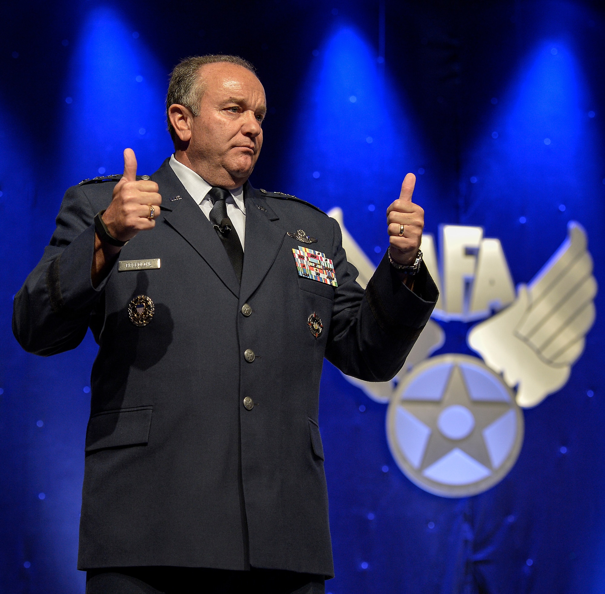 Gen. Phillip Breedlove gives two thumbs up while discussing the positive level of cooperation and interdependence that the air and ground forces of the NATO currently enjoy. The persentation was part of the 2014 Air Force Association's Air & Space Conference and Technology Exposition in Washington D.C. on September 15, 2014. Breedlove is the supreme allied commander,  Europe, and commander of U.S. European Command. (U.S. Air  Force photo/Michael J. Pausic)