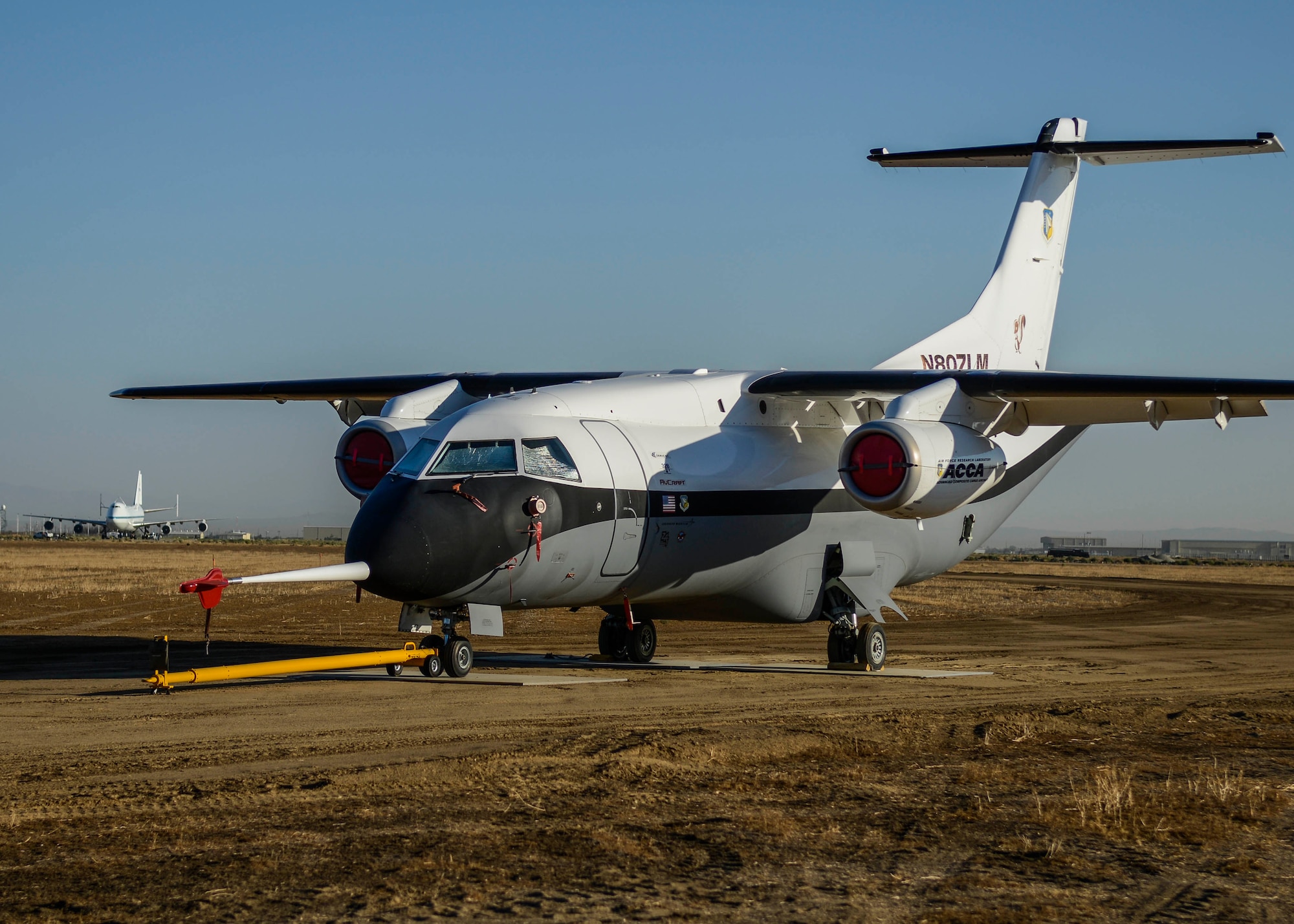 Just minutes before the SCA 911 arrive in the park, a Lockheed X-55 Advanced Composite Cargo Aircraft was towed into the park. Lockheed Martin donated the aircraft to Palmdale. (U.S. Air Force photo by Rebecca Amber) 

