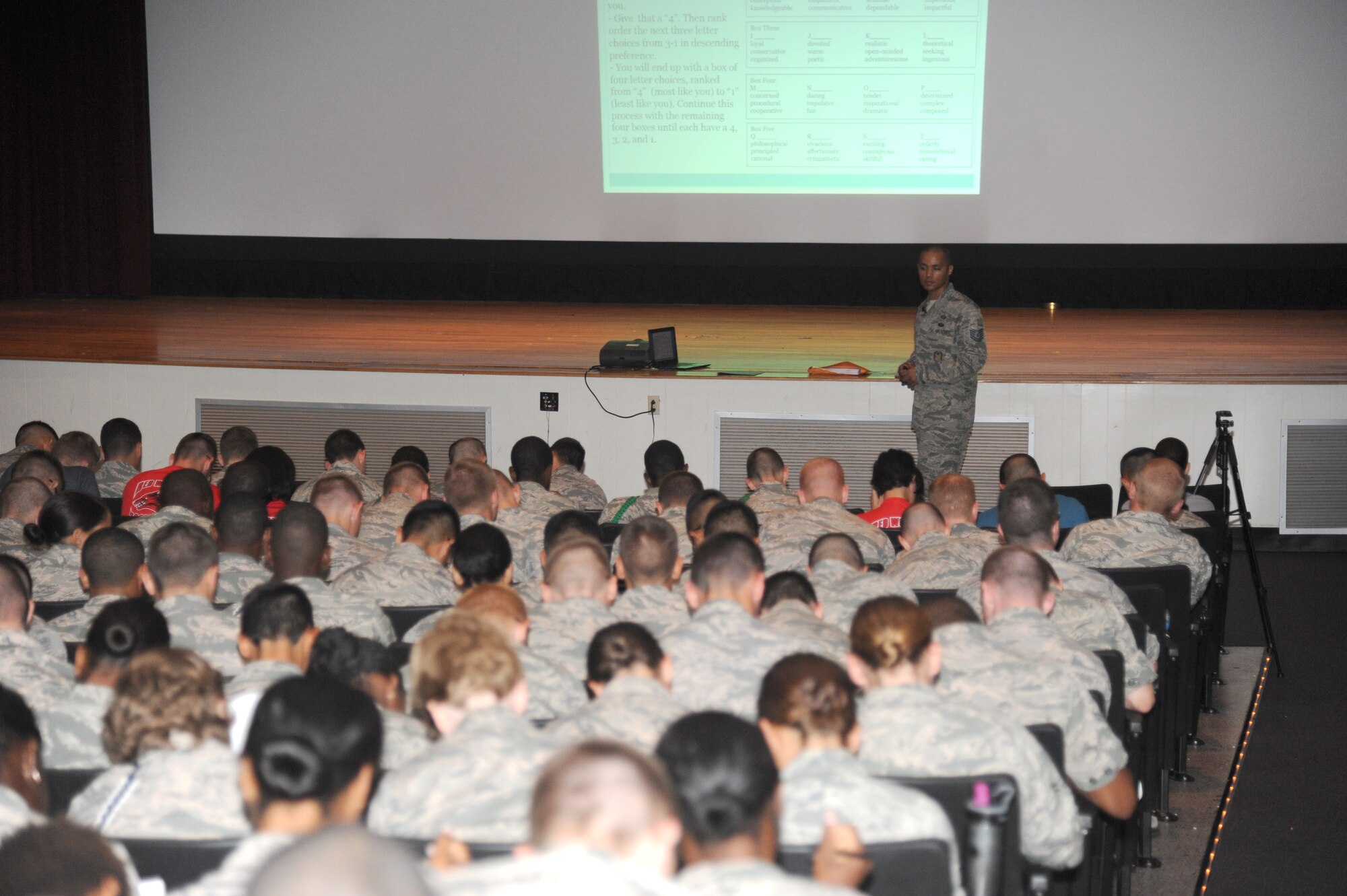 Tech. Sgt. Jewell Hicks, inspector/operations, Lackland Air Force Base, Texas, delivers a presentation to Keesler Airmen during an Airmen Building Airmen program Sept. 12, 2014, at the Welch Theater, Keesler Air Force Base, Miss.  The goal of the symposium was to create a platform where outstanding Airmen can impart their wisdom to the next generation of Airmen.  The event included other guest speakers and a social mixer. (U.S. Air Force photo by Kemberly Groue)