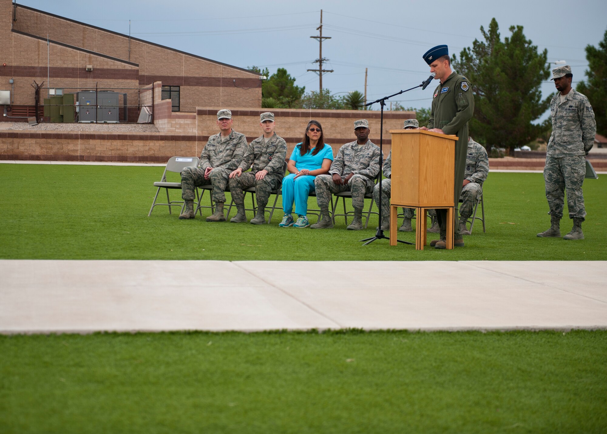 Colonel Mark Hoehn  gives a commemorative speech during a 9/11 ceremony at Holloman Air Force Base, N.M., Sept. 11. Team Holloman honored first responders and medical personnel that lost their lives during 9/11 by reciting prayers and creeds.  Holloman AFB pays tribute to those fallen on 9/11 annually with a ceremony at Heritage Park. (U.S. Air Force photo by Senior Airman Daniel E. F. Liddicoet/Released)