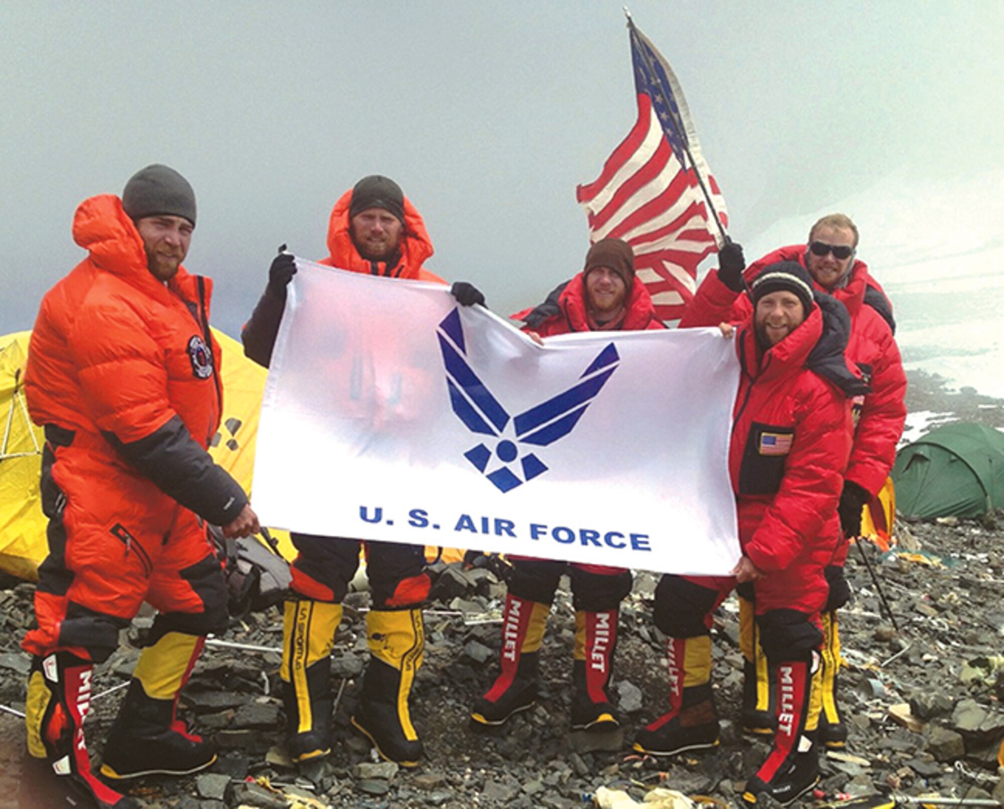 Airmen with the Air Force Seven Summits Team pose for a group photo at Camp 4 along a southern pass on Mount Everest in Nepal on May 19, 2013. A three-man team from Kirtland is planning on taking on the challenge of New Mexico’s Wheeler Peak in October as part of the USAF 50 Summits Challenge and the successor program to the Seven Summits effort last year.