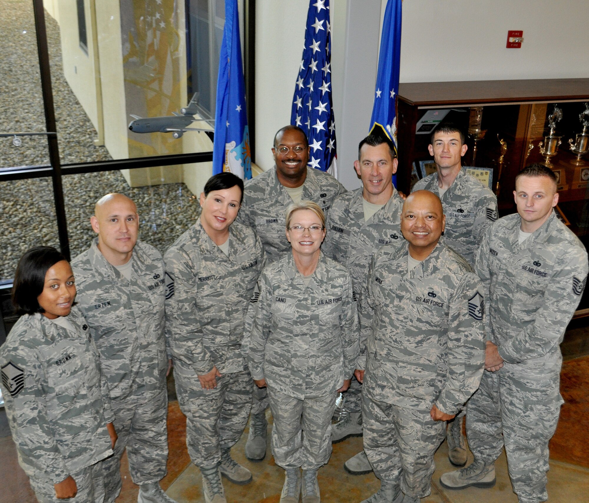 TRAVIS AIR FORCE BASE, Calif. -- The super recruiting team of the 349th Air Mobility Wing,  are just nine of 106 recruiters in the Western Recruiting Squadron. The WRS covers 10 states, including Alaska and Hawaii. Pictured from the left front row, are: Master Sergeants Michaela Brown, John Erzen, Alisa Merriott, Rhonda Cano, James Muna, and Tech. Sgt. Jeffrey Madden. Back row, from the left: Flight Chief, Senior Master Sgt. Alexander Brown, and TSgts. Bill Pullion and Robert
Thames. The team not only surpassed their accessions goal for fiscal year
2014, they garnered many awards along the way. (U.S. Air Force photo/Ellen
Hatfield)