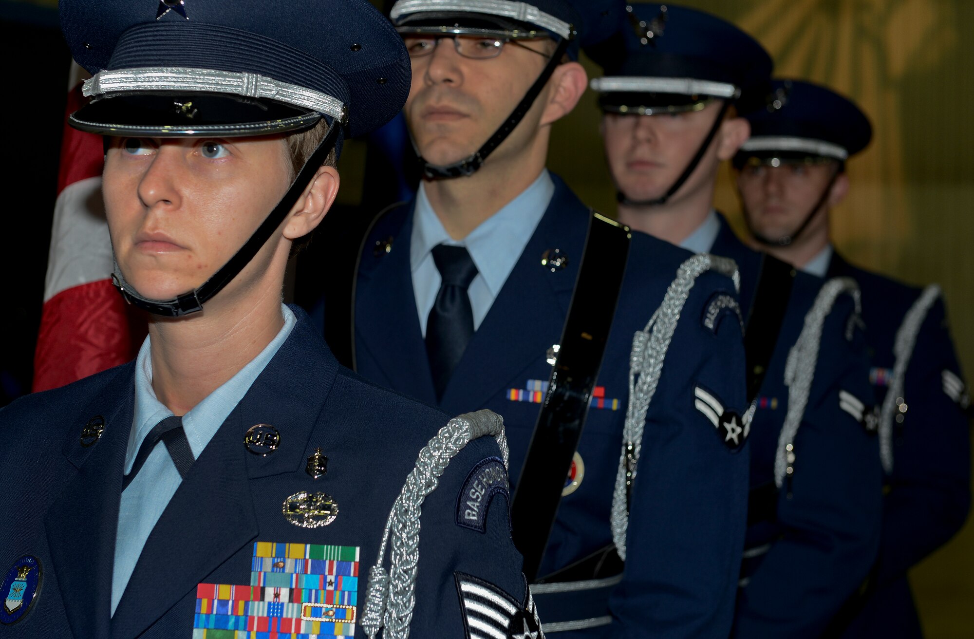 Honor Guard members prepare for the opening ceremony for the Air Force Ball on Royal Air Force Lakenheath, England, Sept. 13, 2014. More than 350 people attended the event, which celebrated the Air Force’s 67th birthday and highlighted the history of RAF Lakenheath.  (U.S. Air Force photo by Airman 1st Class Trevor T. McBride/Released)