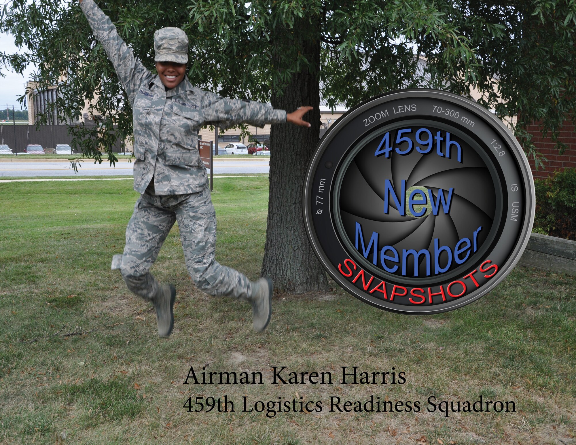 Airman Karen Harris jumps in excitment for participating in her first Unit Training Assembly at the 459th Air Refueling Wing, Joint Base Andrews, Md., September 13, 2014. Harris works at the 459 Logistics Readiness Squadron. (U.S. Air Force photo/ Tech. Sgt. Katie Spencer)