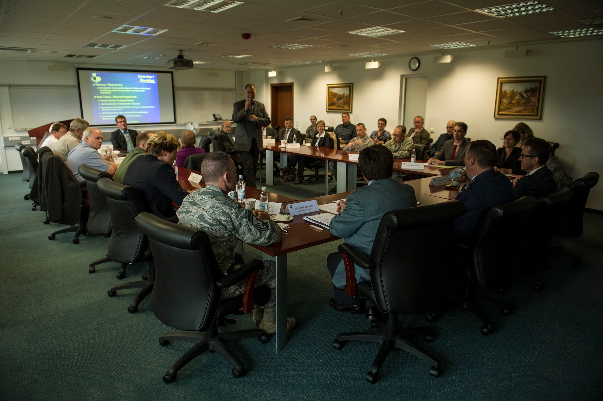 Community leaders and 52nd Fighter Wing leadership engage in a community information forum Sept. 11, 2014, at Spangdahlem Air Base, Germany. The forum aimed to strengthen the partnership between Germany and the U.S. by updating local community leaders about upcoming base projects and provided a way for ideas to be shared between both parties. (U.S. Air Force photo by Senior Airman Rusty Frank/Released)