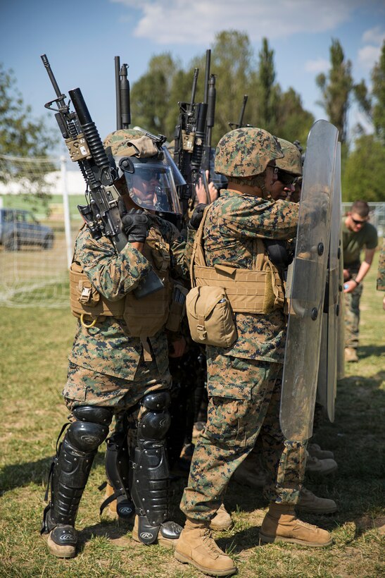 Marines from Golf Co., 2nd Battalion, 2nd Marines make an anti-riot formation on Black Sea Rotational Force 14 Sept. 9 during a non-lethal weapons course on Mihail Kogalniceanu Air Base, Romania. Skills with non-lethal weapons increase our capabilities against civil disturbances; promoting strength in the Eastern European region (U.S. Marine Corps photo by Cpl. Alexandria Blanche, 2d MAR DIV, Combat Camera/Released)