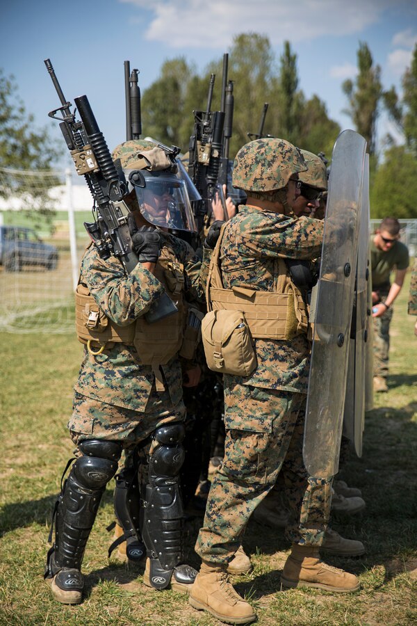 Marines from Golf Co., 2nd Battalion, 2nd Marines make an anti-riot formation on Black Sea Rotational Force 14 Sept. 9 during a non-lethal weapons course on Mihail Kogalniceanu Air Base, Romania. Skills with non-lethal weapons increase our capabilities against civil disturbances; promoting strength in the Eastern European region (U.S. Marine Corps photo by Cpl. Alexandria Blanche, 2d MAR DIV, Combat Camera/Released)