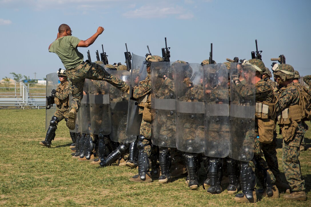 Marines from Golf Co., 2nd Battalion, 2nd Marines make an anti-riot formation to defend against an attacker on Black Sea Rotational Force 14 Sept. 9 during a non-lethal weapons course on Mihail Kogalniceanu Air Base, Romania. Non-lethal skills and tactics can be taught to partner nations in Eastern Europe to build partner capacity. (U.S. Marine Corps photo by Cpl. Alexandria Blanche, 2d MAR DIV, Combat Camera/Released)