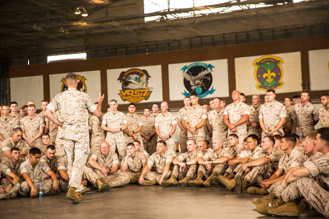 Maj. Gen. William D. Beydler, the commanding general of II Marine Expeditionary Force and U.S. Marine Corps Forces Africa, visited Naval Air Station Sigonella to meet the service members of Special-Purpose Marine Air-Ground Task Force Africa 14, Sept. 13, 2014. During his visit Beydler commended them on the work they are doing and stressed the importance of maintaining readiness and being capable of springing into action at a moment’s notice. (U.S. Marine Corps photo by Cpl. Shawn Valosin)