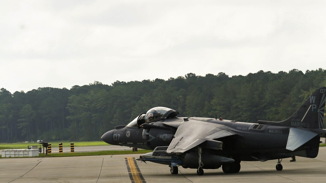 An AV-8B Harrier taxis down the flightline at Marine Corps Air Station Cherry Point, N.C., Sept. 10, 2014. The Harrier was part of a detachment of more than 160 Marines leaving for exercise Green Flag at Nellis Air Force Base, Las Vegas, Nev.