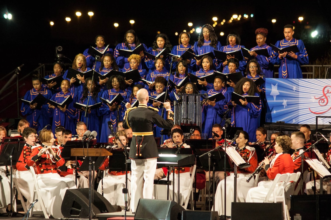 On Sept. 13, 2014, “The President’s Own” performed a concert at Fort McHenry in Baltimore for a celebration commemorating the 200th anniversary of our National Anthem. The Star-Spangled Spectacular program included remarks by Vice President Joe Biden, the Morgan State University Choir, and a performance of the anthem by the Marine Band and Jordin Sparks. (U.S. Marine Corps photo by Staff Sgt. Rachel Ghadiali/released)
