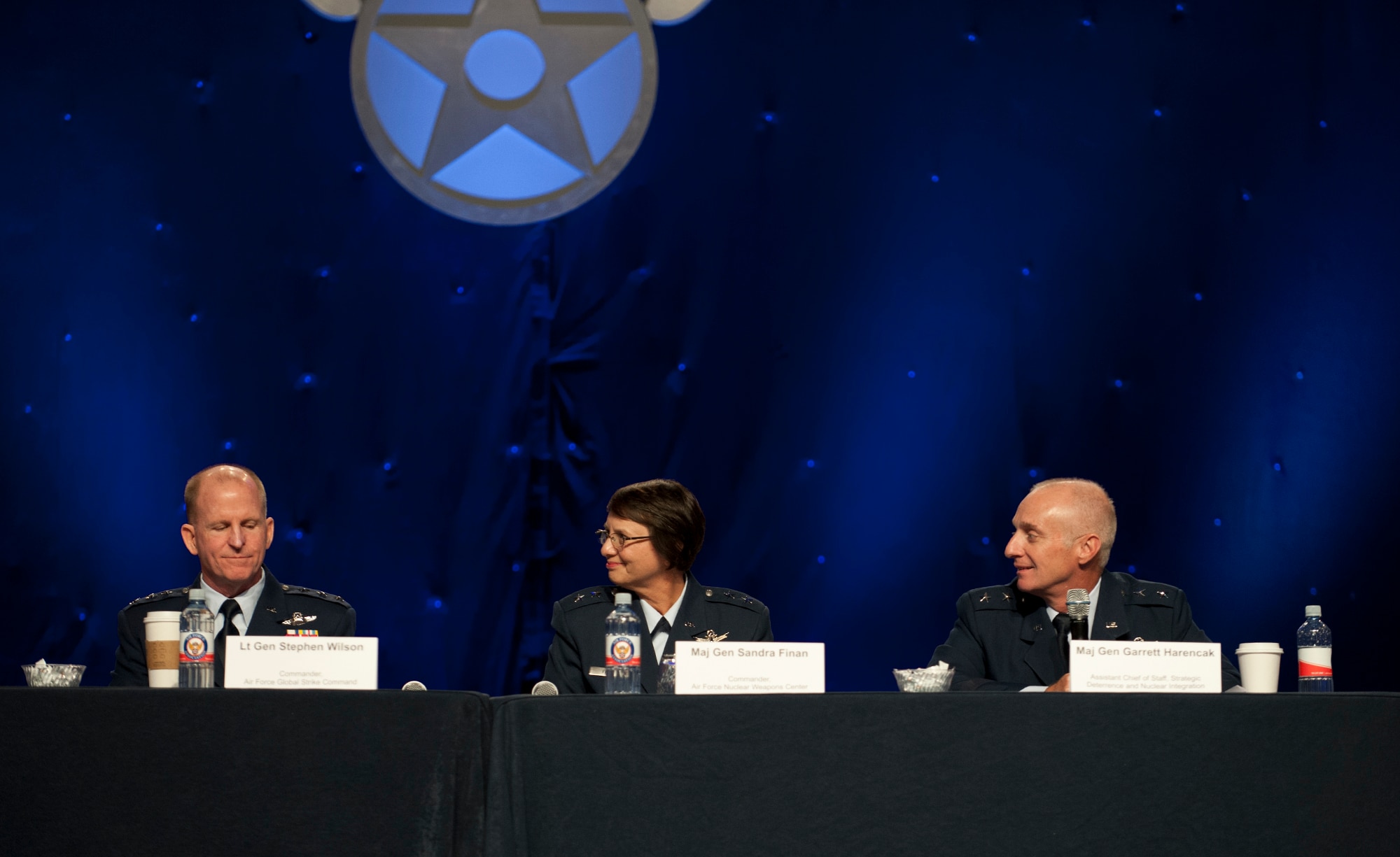 The Nuclear Enterprise Panel members address questions asked by the audience during the Air Force Association Air and Space Conference and Technology Exposition, Washington, D.C., Sept. 16. Panel members included (from left) Lt. Gen. Stephen Wilson, Air Force Global Strike Command commander, Maj. Gen. Sandra Finen, Air Force Nuclear Weapons Center commander, Kirtland Air Force Base, N.M., Maj. Gen. Garrett Harencak, Assistant Chief of Staff for Strategic Deterrence and Nuclear Integration, Headquarters U.S. Air Force. (U.S. Air Force Photo by Staff Sgt. Carlin Leslie)