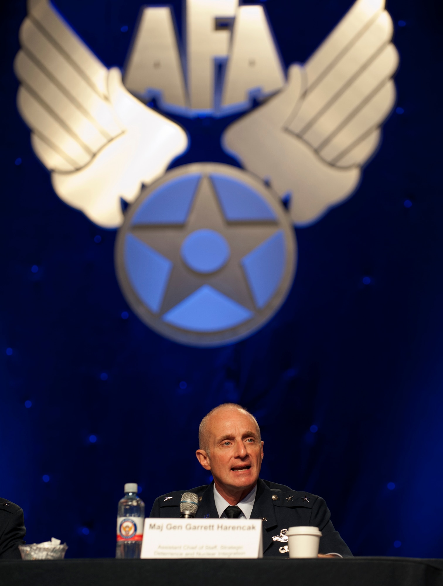 Maj. Gen. Garrett Harencak, Assistant Chief of Staff for Strategic Deterrence and Nuclear Integration, Headquarters U.S. Air Force makes remarks during the nuclear enterprise panel during the Air Force Association Air and Space Conference and Technology Exposition, Washington, D.C., Sept. 16. Harencak provided an outlook to what headquarters Air Force is doing to provide assistance to the field in the nuclear enterprise and to support the two Air Force legs of the U.S. nuclear triad. (U.S. Air Force Photo by Staff Sgt. Carlin Leslie)