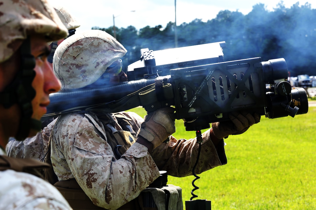Sgt. Rico L. Rose simulates firing a PL-87 Stinger missile during a 2nd Low Altitude Air Defense Battalion’s section leader course and team leader course at Marine Corps Air Station Cherry Point, N.C., Sept. 11, 2014. Rose is a gunner with the battalion and a native of Appomattox, Va.