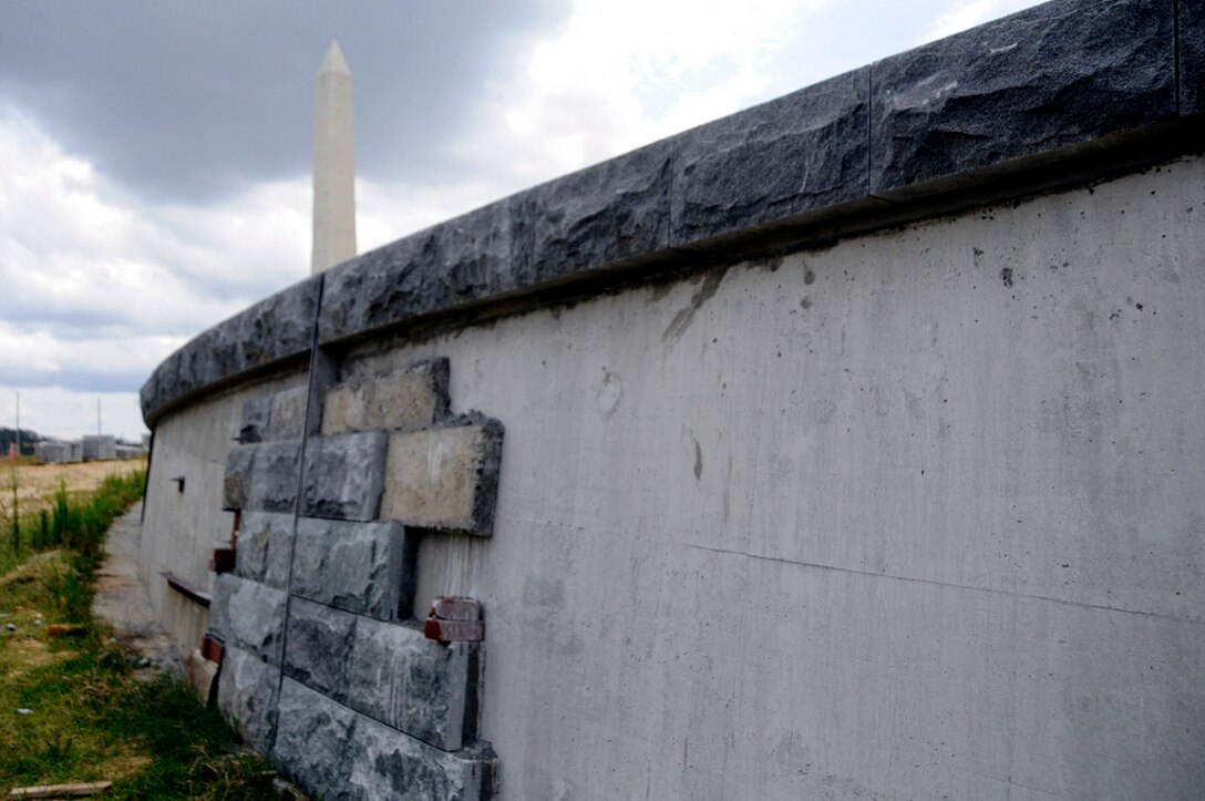 Stone cladding on the 17th Street floodwall was designed to blend in with the historic landscape of the National Mall.