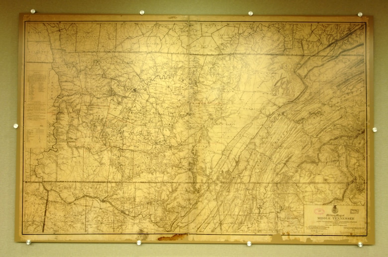 This is a replica of an original military map of Middle Tennessee from 1874 that is on display in the Barlow Conference Room at the U.S. Army Corps of Engineers Nashville District's Barlow Conference Center located in the Estes Kefauver Federal Building in Nashville, Tenn. The Nashville District librarian recently worked with the Tennessee State Library to restore and preserve the original map.