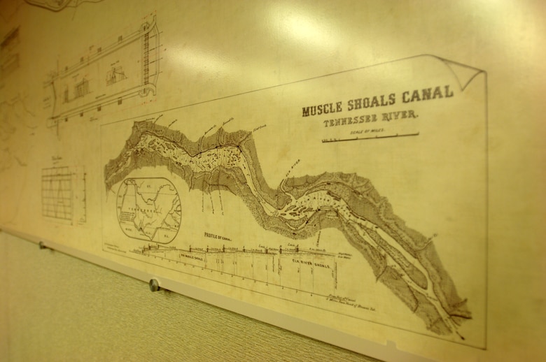 A 16-foot replica of an 1888 Muscle Shoals Map is on display at the U.S. Army Corps of Engineers Nashville District's Barlow Conference Center in the Estes Kefauver Federal Building in Nashville, Tenn. The Nashville District librarian recently worked with the Tennessee State Library to restore and preserve the original map.