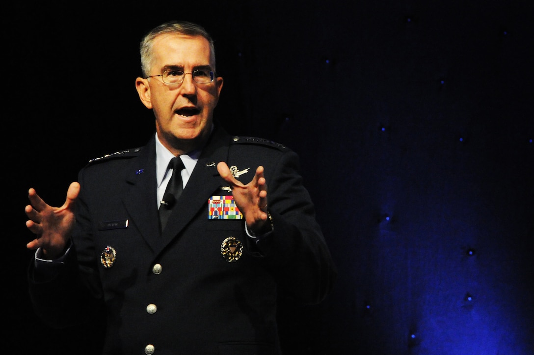 Gen. John Hyten, the Air Force Space Command commander, speaks to the audience on maintaining space and cyber capabilities during the 2014 Air Force Association Air and Space Conference Technology and Exposition, Sept. 16, 2014, in Washington, D.C. Hyten is responsible for organizing, equipping, training and maintaining mission-ready space and cyberspace forces and capabilities for North American Aerospace Defense Command, U.S. Strategic Command and other combatant commands around the world. (U.S. Air Force photo/Staff Sgt. Matt Davis)