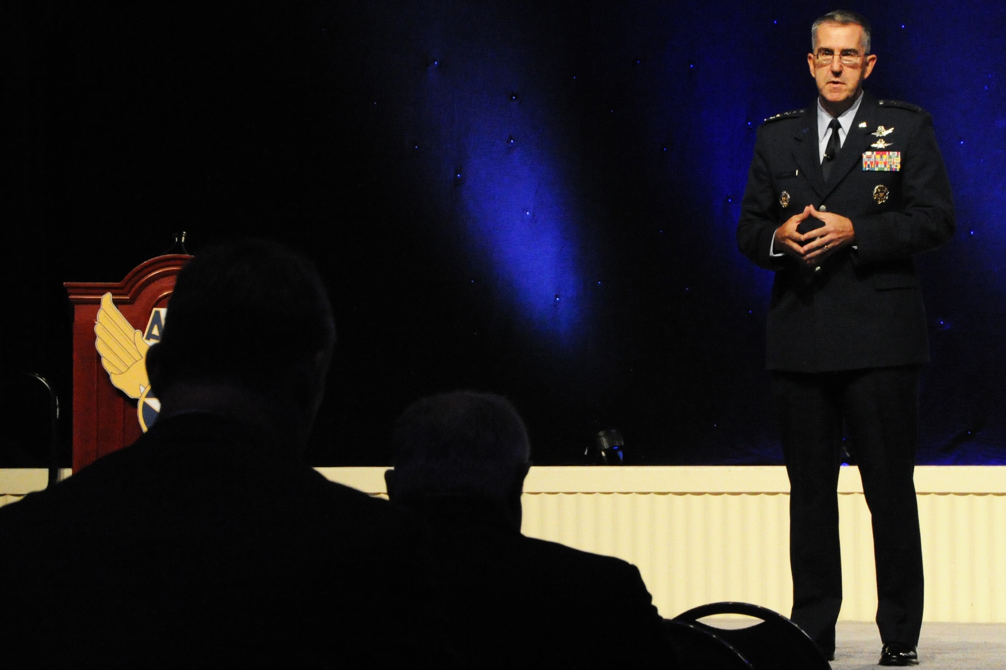 Gen. John Hyten, the Air Force Space Command commander, speaks to the audience on maintaining space and cyber capabilities during the 2014 Air Force Association Air and Space Conference Technology and Exposition, Sept. 16, 2014, in Washington, D.C. Hyten is responsible for organizing, equipping, training and maintaining mission-ready space and cyberspace forces and capabilities for North American Aerospace Defense Command, U.S. Strategic Command and other combatant commands around the world. (U.S. Air Force photo/Staff Sgt. Matt Davis)