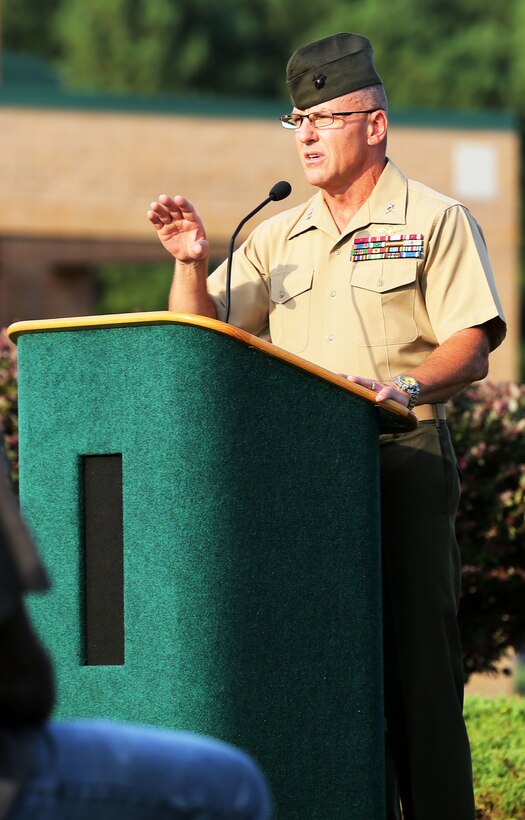 Maj. Gen. Robert F. Hedelund speaks during a 9/11 memorial ceremony at the Craven County Community College Marine Corps Air Station Cherry Point – Havelock campus, honoring those who lost their lives during the attacks of Sept. 11, 2001. Hedelund is the commanding general of the 2nd Marine Aircraft Wing.