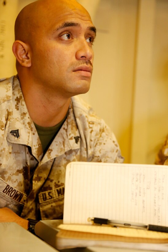 While aboard the USS San Diego (LPD 22), U.S. Marine Corps Cpl. Julius J. Brown, tank gunner with Battalion Landing Team 2nd Battalion, 1st Marines (BLT 2/1), 11th Marine Expeditionary Unit (MEU), Long Beach, California native, receives instruction on the firing control system for M1A1 Abrams tanks, Sept. 14. San Diego is part of the Makin Island Amphibious Ready Group and, with the embarked 11th Marine Expeditionary Unit, is deployed in support of maritime and theater security operations in the U.S. 5th Fleet area of responsibility. (U.S. Marine Corps photos by Gunnery Sgt. Rome M. Lazarus/ Released) 