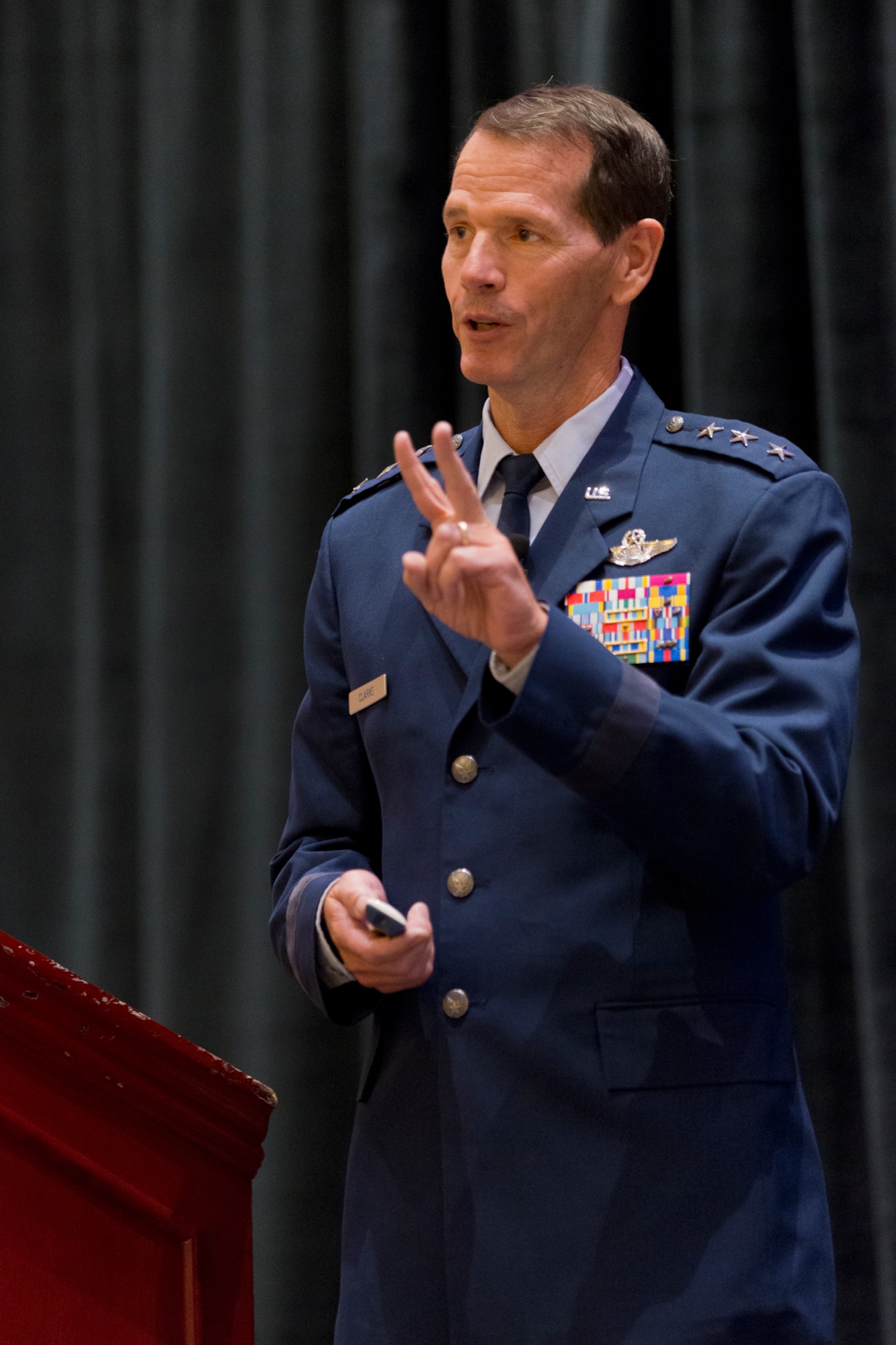 Lt. Gen. Stanley E. Clarke III addresses an audience during the Air National Guard update at the 2014 Air Force Association’s Air and Space Conference and Technology Exposition September 15, 2014 in Washington D.C. Clarke highlighted the ANG’s involvement in domestic operations and recognized several ANG Airmen and units for exemplary service during recent combat operations. Clarke is the director of the Air National Guard.  (Air National Guard photo/Master Sgt. Marvin R. Preston)