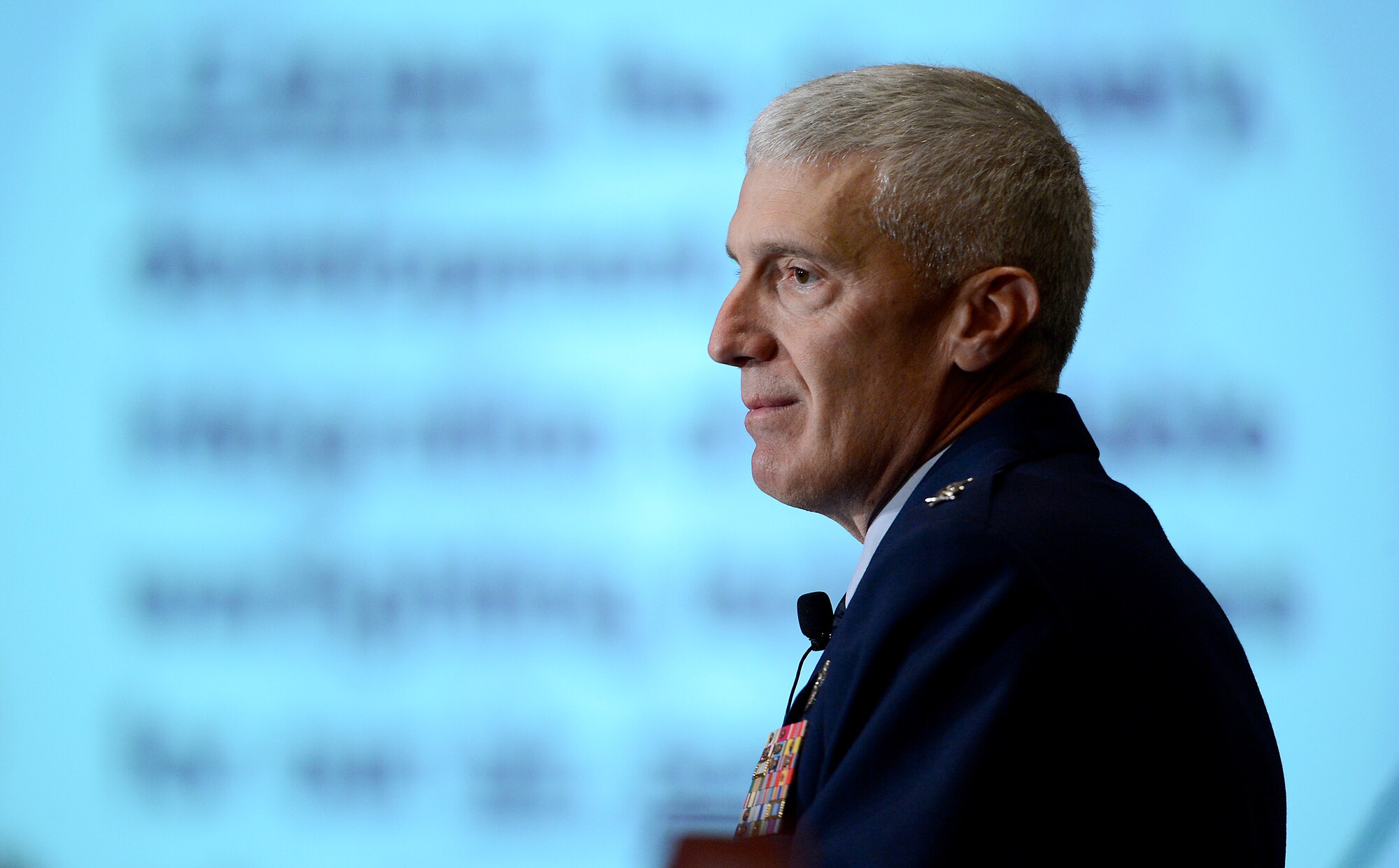 Maj. Gen. Thomas Masiello takes a question from an audience member after discussing Air Force Research Laboratory breakthrough technologies during the 2014 Air Force Association's Air & Space Conference and Technology Exposition, Sept. 16, 2014, in Washington D.C. Masiello is the commander of Air Force Research Laboratory.
(U.S. Air Force photo/Scott M. Ash)