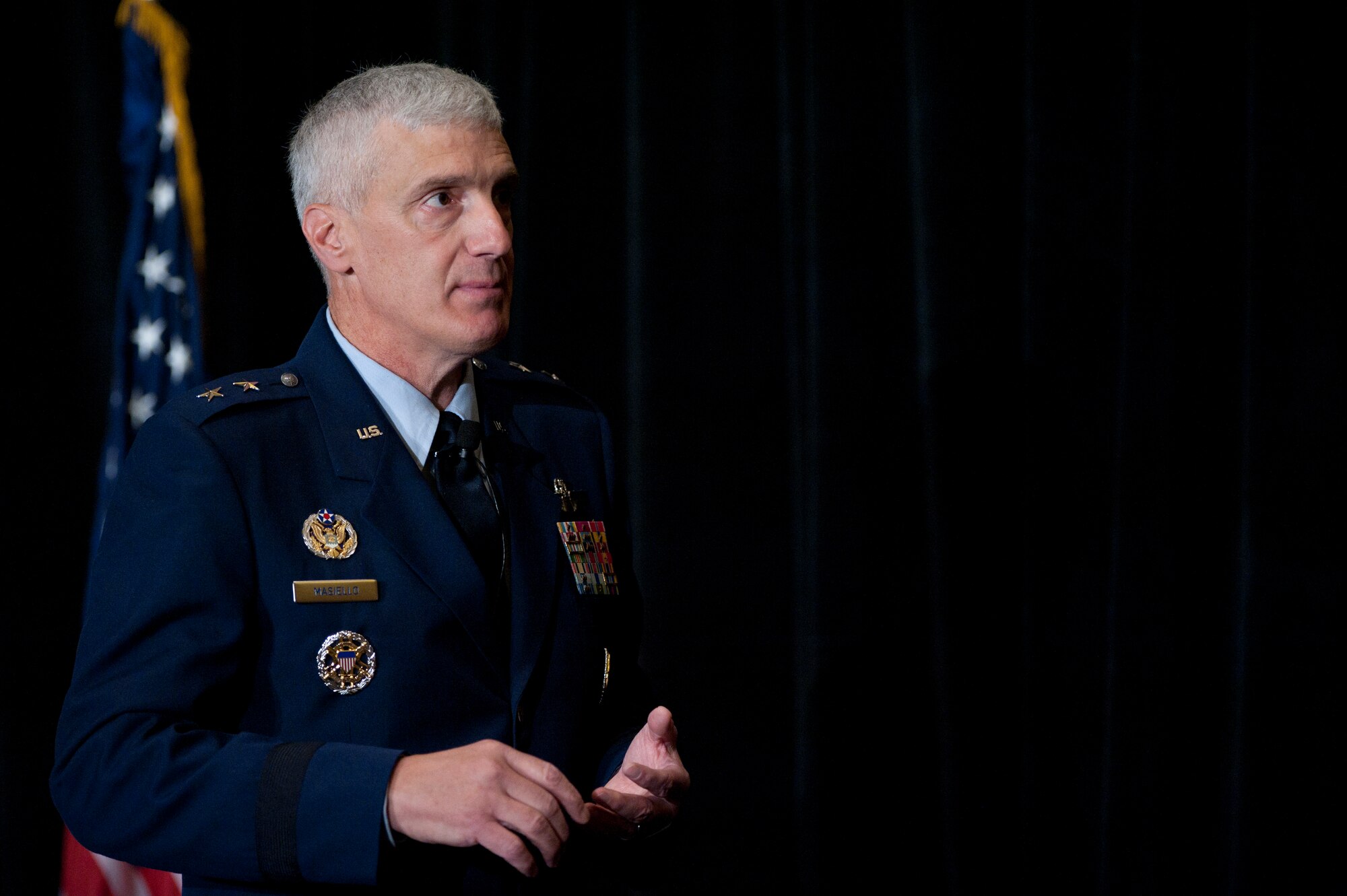 Maj. Gen. Thomas Masiello takes a question from an audience member after discussing Air Force Research Laboratory breakthrough technologies during the 2014 Air Force Association's Air & Space Conference and Technology Exposition, Sept. 16, 2014, in Washington D.C. Masiello is the commander of Air Force Research Laboratory.
(U.S. Air Force photo/Scott M. Ash)