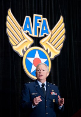 Maj. Gen. John F. Thompson talks to attendees about  the KC-46 program status updates during the 2014 Air Force Association's Air & Space Conference and Technology Exposition Sept. 16, 2014, in Washington D.C. Thompson is the Air Force program executive officer for tankers, Wright-Patterson Air Force Base, Ohio. The KC-46A Pegasus is intended to replace the Air Force's aging fleet of KC-135 Stratotankers and provide vital air refueling capability for the United States Air Force. (U.S. Air Force photo/Staff Sgt. Anthony Nelson Jr)