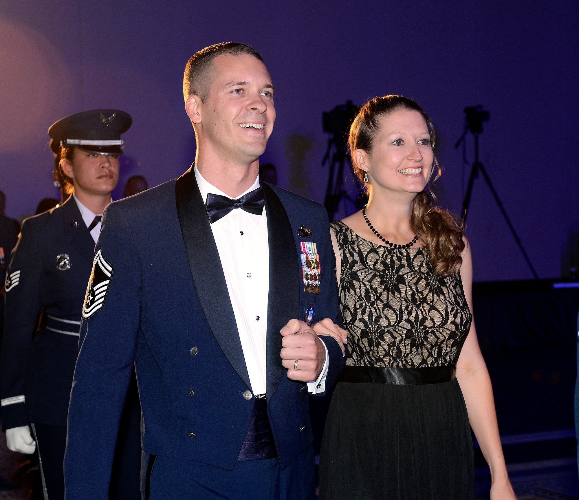 Senior Master Sgt. Michael J. Venning, from the Directorate of Contracting, Headquarters, Air Force Materiel Command, Wright Patterson Air Force Base, Ohio and his wife attended a reception and awards dinner during the 2014 Air Force Association Air & Space Conference and Technology Exposition on Sept. 15, 2014, in Washington, D.C.  Venning is one of the 12 Outstanding Airmen of the Year for 2014 who were honored during the reception. (U.S. Air Force photo/Andy Morataya)