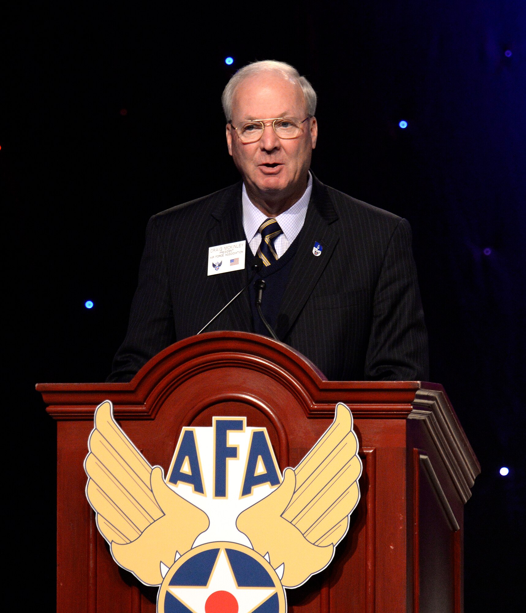 Air Force Association President Craig McKinley speaks at the 2014 Twelve Outstanding Airmen of the Year reception and awards dinner that was part of this year's Air Force Association Air & Space Conference and Technology Exposition Sept. 15, 2014 in Washington, D.C.  (U.S. Air Force photo/Andy Morataya)