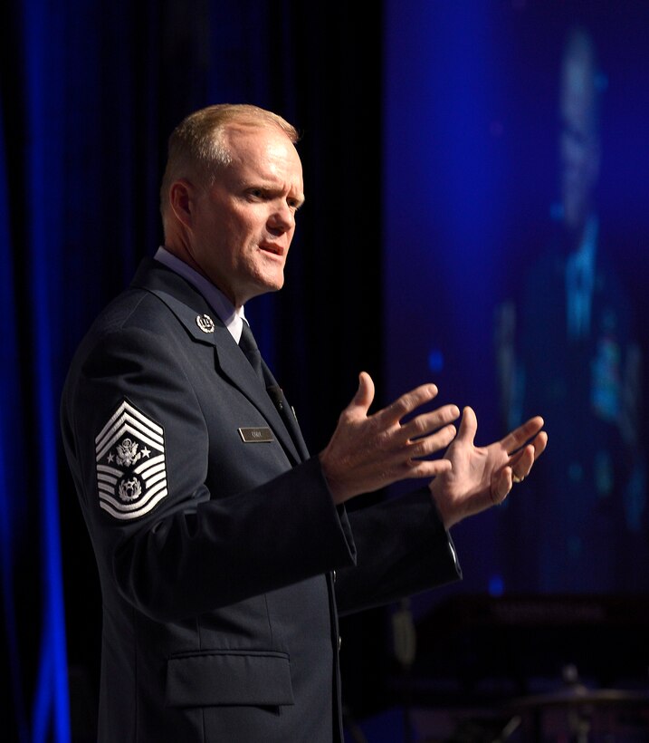 Chief Master Sergeant of the Air Force James Cody speaks at the 2014 twelve Outstanding Airmen of the Year reception and awards dinner that was part of this year's Air Force Association's Air & Space Conference and Technology Exposition on Sept. 15, 2014 in Washington, D.C.  (U.S. Air Force photo/Andy Morataya)
