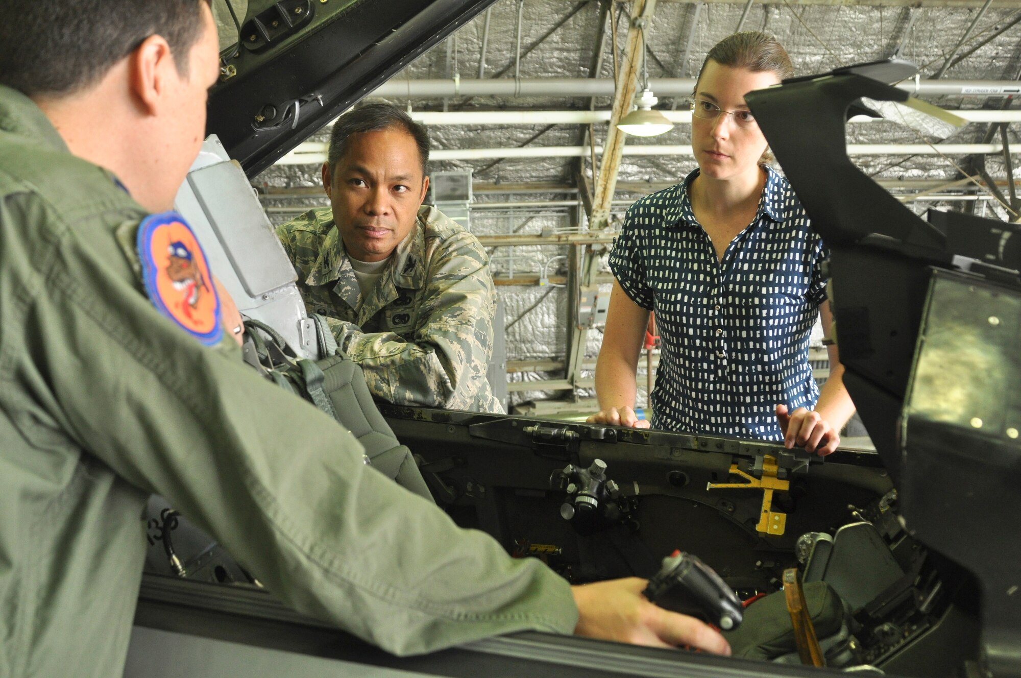 1st Lt. Jeff Whitford, 36th Fighter Squadron F-16 Fighting Falcon pilot and scheduler, explains the aircraft's flight control system to Col. Victor Mora, 51st Maintenance Group commander, and Ms. Jennifer Goodwin, Air Force Audit Agency auditor, at Osan Air Base, Republic of Korea, Sept. 8, 2014.  Leadership from across Team Osan participated in the annual Mustang Immersion to develop a better understanding of what Osan Airmen are able to bring to the fight.  (U.S. Air Force photo/Capt. Robert Howard)